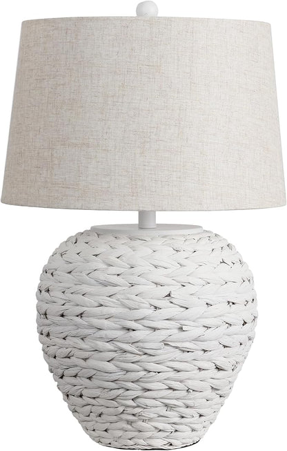 JONATHAN Y 24.5" White Water Hyacinth Farmhouse Basket Table Lamp, Coastal Decor for Living Room Bedroom Nightstand, Light Gray Linen Shade, LED Bulb Included (JYL6501C)