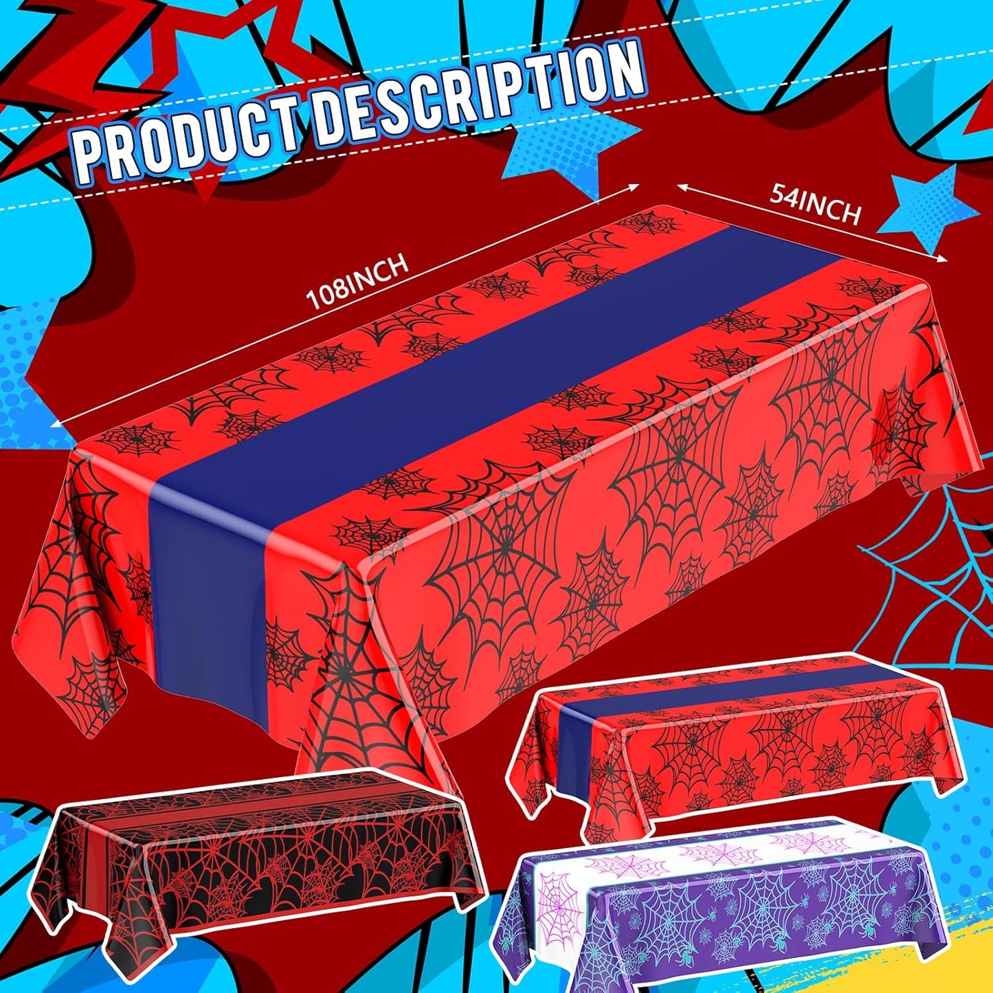 Oudain 3 Pack Spider Theme Birthday Decorations Halloween Purple Black Red Pink Green Web Ghost Bat Tablecloth Cartoon Table Cover Party Favor for Birthday (Purple,Black,Red,Spider)