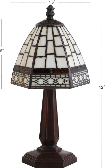 JONATHAN Y 12" Brown Tiffany-Style Table Lamp for Bedroom Nightstand Decor, Ivory Cream Stained Glass Shade, Small Vintage Handcrafted LED Traditional Bedside Lamp JYL8016A