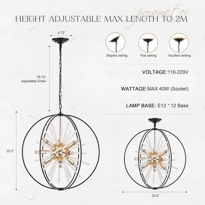 23.6" Black Gold 12-Light Globe Sputnik Chandelier Modern Adjustable Hanging Ceiling Glass Tube Pendant Light Fixture for Entryway Foyer Staircase Dining Living Room Hallway