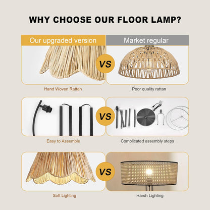 Oneach Arc Floor Lamp for Living Room,Rattan Boho Floor Lamp with Hand-Woven Wicker Shade, Foot Switch,Black Metal Base & Pole,Farmhouse Standing Lamp for Bedroom Corner,Reading