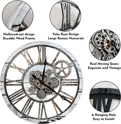 The B-Style 36" Large Moving Gear Wall Clock Oversized Vintage Farmhouse Wall Clocks for Living Room Decor Rustic Industrial Wood Clock (Gray White and Bronze Gears)
