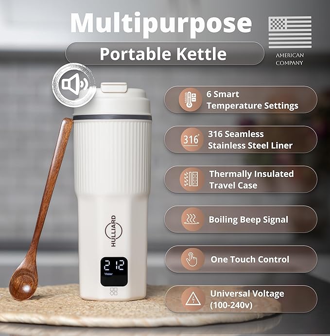 Travel Electric Kettle - 316 Stainless Steel, Portable Tea Kettle & Water Heater, 450ml Portable Water Boiler, 6 Temperature Settings, Auto Shut-Off, Universal Voltage (100-240V)