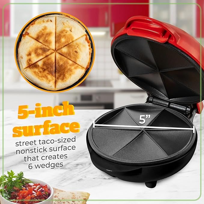 Nostalgia Taco Tuesday Quesadilla Maker – Fits up to 5½-Inch or Street Taco Sized Tortillas - 6-Wedge Cooking Surface - Perfect for Beef, Chicken, Veggie,& Cheese Quesadillas - Red