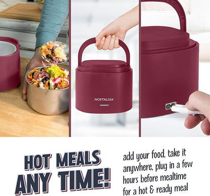 Nostalgia 20-Oz Heated Electric Lunch Box – Portable Food Warmer for Office, Travel, & Car - Perfect for Soup, Pasta, & Light Meals– Leak-Proof Lid, Foldable Handle, Detachable Cord – Cranberry