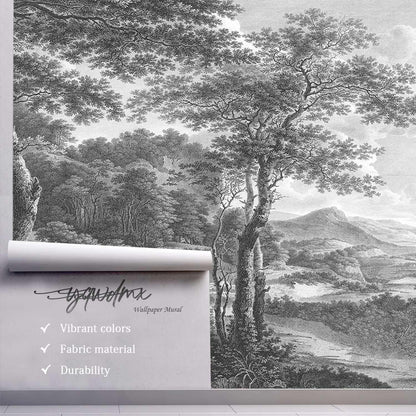 -Vintage Forest Fabric Wallpaper Grey Tree Mural Living Room 100" x 65" (Not Peel and Stick)