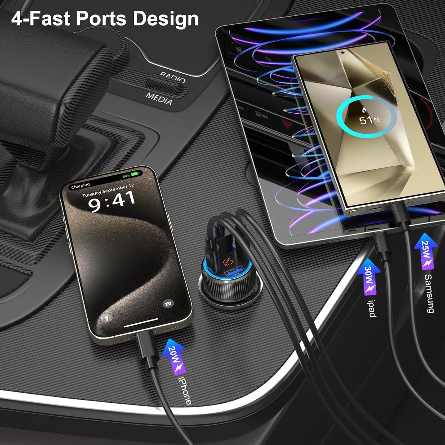 USB C Car Charger, 3 Pack 65W Dual 12V Car Power Adapter with Voltmeter QC+PD 3.0 Multi Port Fast Charging Cigarette Lighter USB Charger for iPhone 16 15 14 13 12 Pad Pro Max, Android(Black Gray)