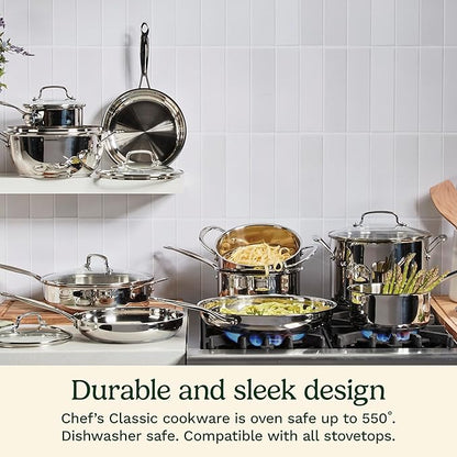 Cuisinart 8-Inch Open Skillet, Stainless Steel Skillet with Lid, Large Kitchen Pan, Dishwasher Safe, Compatible with Induction, Electric, Gas Cooktops, Oven Safe Saucepan, Cool Grip Handles
