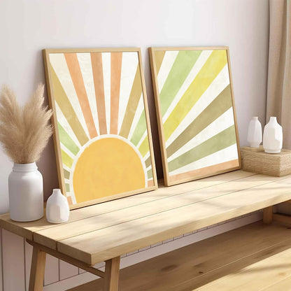 Wooden Framed Boho Sun Wall Art Set of 3 Abstract Sunshine Canvas Prints Morden Bohemian Posters Neutral Home Decor Minimalist Geometric Line Painting Picture for Living Room Bedroom16x24in