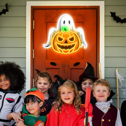 Spooky Glow Halloween Neon Signs for Wall Decor - Ghost & Pumpkin Led Neon Light Up Sign, Glow in Dark Indoor Decor for Porch Window Home Bar Party, Scary Halloween Decorations Gifts for Kids