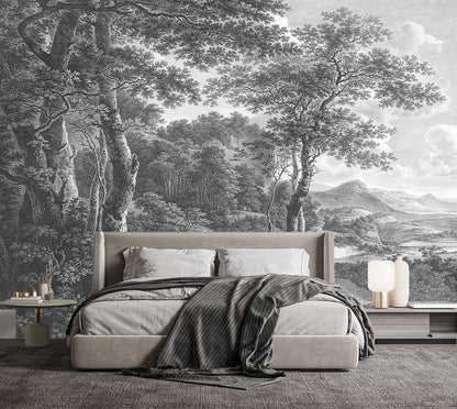-Vintage Forest Fabric Wallpaper Grey Tree Mural Living Room 100" x 65" (Not Peel and Stick)