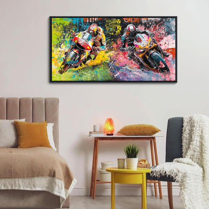 JEAWA Framed Canvas Wall Art - 20x40 In Abstract Painting Decor, Motorcycle Racing Color Graffiti Pictures, Modern Art Prints for Bedroom Living Room Bathroom Home Decoration