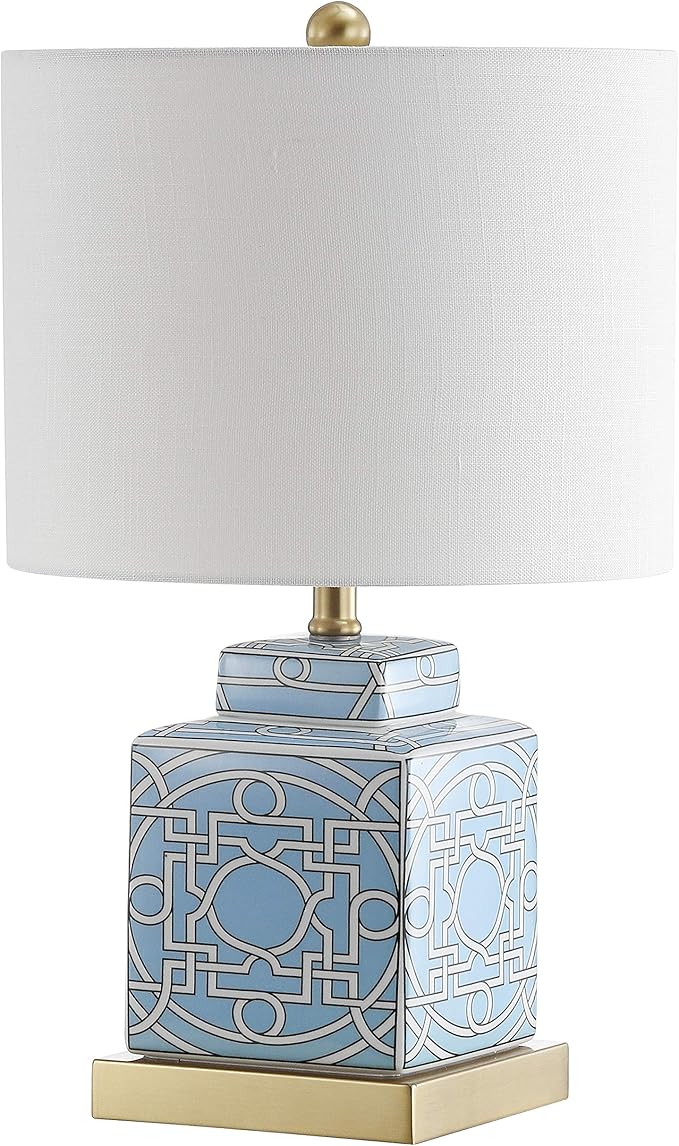 JONATHAN Y 22" Blue/White Modern Ceramic Ginger Jar Table Lamp for Nightstand, Square Lattice Transitional Chinoiserie Lamp for Living Room, White Linen Shade, LED Bulb JYL3044A