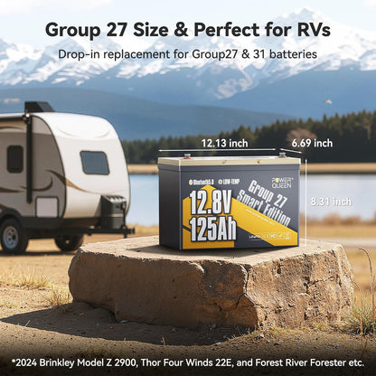 Power Queen 12V 125Ah Group 27 Bluetooth LiFePO4 Battery,1600Wh Energy Lithium Battery with Low-Temp Protection Max. 15000 Cycles for RV, Solar System, Trolling Motor