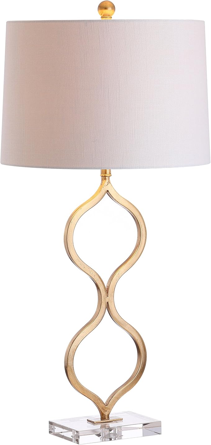 JONATHAN Y 31.5" Gold Curved Metal and Crystal Table Lamp, Modern Glam Bedside Lamp with White Linen Drum Shade for Living Room and Bedroom, LED Bulb Included JYL3028A