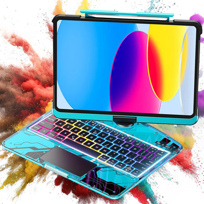 TSQQST Clear Wireless Keyboard Case for iPad (A16) 11th Generation 11-inch 2025/ iPad 10th Generation 10.9-inch 2022 with Pencil Holder & Multi-Touch Trackpad, 7-Color Backlight, 360 Rotatable, Blue