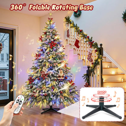 9FT Rotating Christmas Tree with Remote, Pre-Lit Artificial Green PE & PVC Xmas Tree, Multicolor LED Lights with Music & Flash Modes, Deluxe Holiday Home Decor