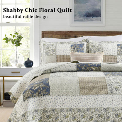 Yvooxny Quilt Set King Size Reversible Country Farmhouse Floral Real Patchwork Quilted Bedspread 3-Piece Quilt Set with Pillowcases with Ruffles for All Seasons, 96 x 108 Inches