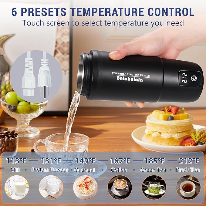 Travel Electric Kettle, Balabulala Portable Water Boiler with 6 Variable Presets,Small Electric Kettle with Keep Warm Temperature Controls & Boil Dry Protection, 17oz,Black