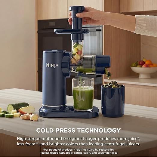 Ninja NeverClog Cold Press Juicer, Powerful Slow Juicer with Total Pulp Control, Countertop, Electric, 2 Pulp Functions, Dishwasher Safe, 2nd Generation, Blue/Navy, JC151NV