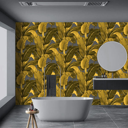 Vintage Gold Banana Leaf Bathroom wallpeper Living Room Bedroom Tropical Plant Wall Mural - 91"x65" (Not Peel and Stick)