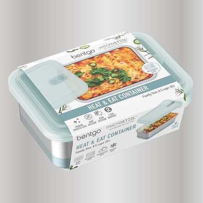 Bentgo MicroSteel Heat & Eat Container – Microwave-Safe, Leak-Proof & Airtight, Easy-to-Clean Lightweight Stainless Steel Reusable Food Storage with Silicone Lid (Family Size; 8.5-Cup Capacity; Aqua)