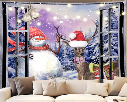 QGHOT Christmas Window Tapestry Wall Hanging Christmas Backdrop Winter Window Wall Decor Xmas Snowman Deer Tapestries for Bedroom Living Room Dorm Holiday Party Decoration, Large