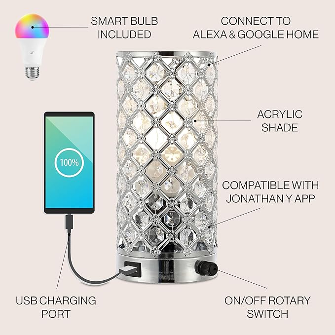 JONATHAN Y 9.5" Chrome Iron and Acrylic Mini Table Lamp, Mid-Century Modern Glam Uplight with USB Charging Port and Dimmable Smart Bulb, LED Bulb Included JYL1128A