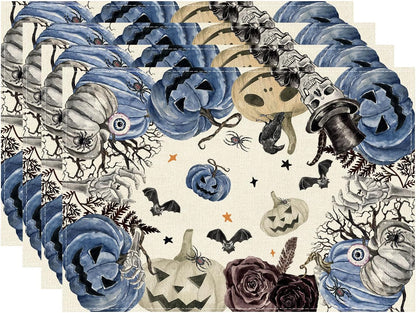 XCHI Spooky Blue Pumpkin Halloween Placemats Set of 4 Table Mats for Party Home Kitchen Dining Table Decorations 12x18 Inch