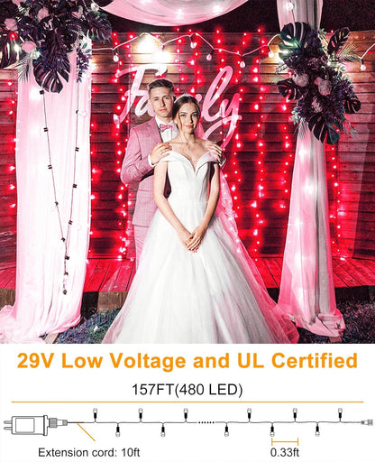 Christmas Lights Outdoor, 157FT 480 LED Plug in Christmas Tree Lights Waterproof, 8 Modes Green Wire Twinkle String Light for Indoor Room Patio Garden Porch Xmas Wedding Party Decorations, Red