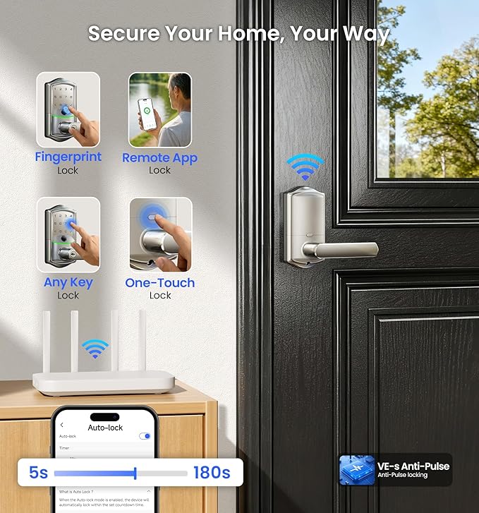 Veise VE029 WiFi Smart Lever Lock, Fingerprint Keyless Entry Door Lock with Handle, Built-in WiFi, Remote App Control, Electronic Digital Knob for Front Door and Bedroom, IP65 Waterproof, Satin Nickel