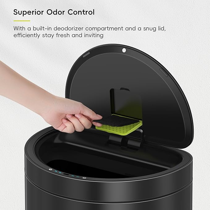 EKO Mirage Semi-Round 47L / 12.4 Gal Motion Sensor Trash Can, Automatic Kitchen Trash Bin with Deodorizer Compartment, Removable Lid & Inner Bucket, Stainless Steel Garbage Can, Matte Black