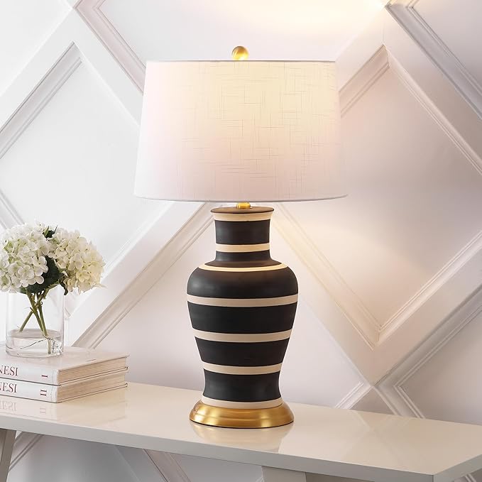 JONATHAN Y 29" Black/Beige Traditional Ceramic Urn LED Table Lamp for Bedroom Decor, White Linen Drum Shade, Classic Nightstand Lamp for Living Room, LED Bulb Included (JYL4026J)