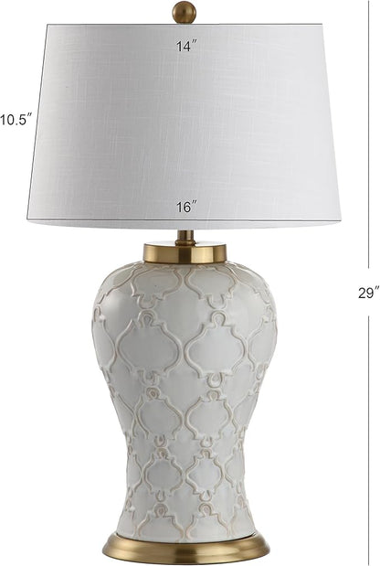JONATHAN Y 29" Cream Textured Ceramic Table Lamp, Transitional Quatrefoil Trellis Design with White Linen Drum Shade and Brass Accents for Living Room, LED Bulb Included JYL4024A