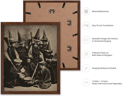 Poster Master Vintage Photograph Poster - Retro Halloween Print - Gift for Artist, Friend - Witches Cooking, Pointy Hats, Broomsticks, Black Magic - Wall Decor for Bedroom, 11x14 Brown Framed