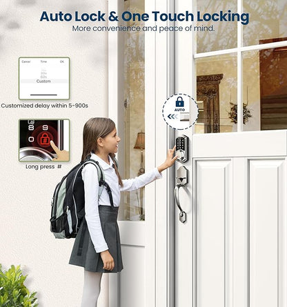 Veise VE06-H Smart Front Door Lock Set, App Control, Keyless Entry Deadbolt with Lever Handle, Electronic Digital Touchscreen Keypad, Auto Lock, Easy Install, Satin Nickel
