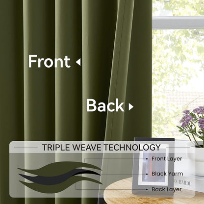 KangBang Olive Green Blackout Curtains 90 Inches Long for Bedroom, Pinch Pleated Thermal Insulated Memory Shape Draperies for Living Room Kitchen with Hooks(40”Wx90”L,2 Panels)