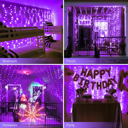 JMEXSUSS 300LED Purple Halloween Lights with Remote, Curtain Hanging Light Plug in, 8 Modes Purple String Lights for Bedroom Window Wall Party Backdrop Christmas Halloween Decorations
