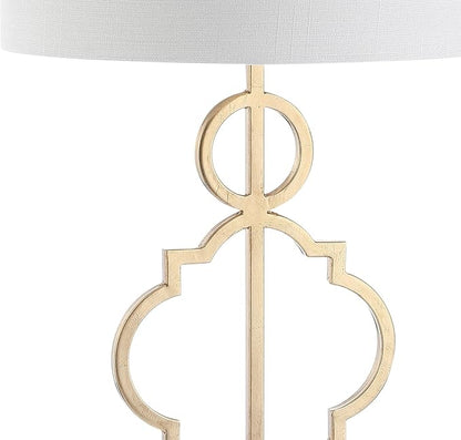 JONATHAN Y 31" Gold Modern Quatrefoil LED Table Lamp, Contemporary Metal Iron Lamp with White Marble Base and Linen Drum Shade for Living Room Bedroom, LED Bulb Included JYL3026A