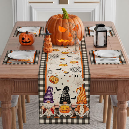 XCHI Spooky Boo Plaid Gnome Halloween Table Runner Party Table Decoration for Home Kitchen Dining Holiday Decor 13x90 Inch