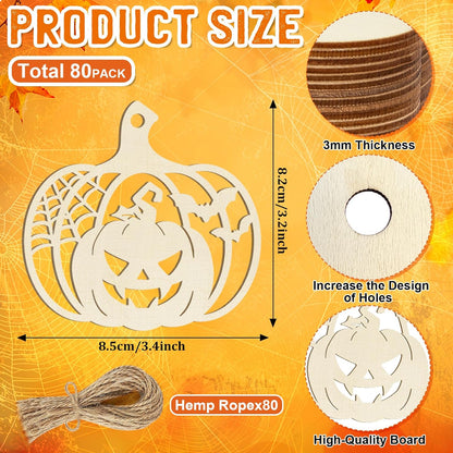 80PCS Wooden Halloween Decoration Pumpkins Ornaments to Paint Happy Halloween Cutouts Unfinished, DIY Blank Unfinished Ghost Spider Web Black Cat Trick or Treat Boo Ornament for Home Crafts Hanging