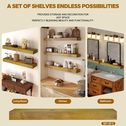 Floating Shelves 3 inch Thick for Wall Set of 2,Solid Pine Wood Wall Mount Shelf for Kitchen Living Room Bedroom Bathroom,8" D x 60" L x 3" H-Gold Oak