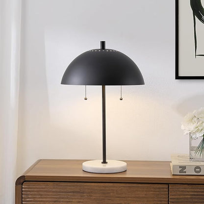 JONATHAN Y 20.75" Black/White Marble 2-Light LED Table Lamp for Modern Bedside Decor, Glam Desk Lamp, Gold Metal Dome Shade, Pull Chain Switch, Bulbs Included (JYL1071B)