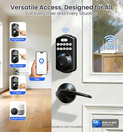 Veise VE012W Built-in WiFi Fingerprint Smart Lock, App Remote Control, Compatible with Alexa & Google Assistant, Keyless Entry for Front Door, Digital Keypad Deadbolt, Auto Lock, Matte Black