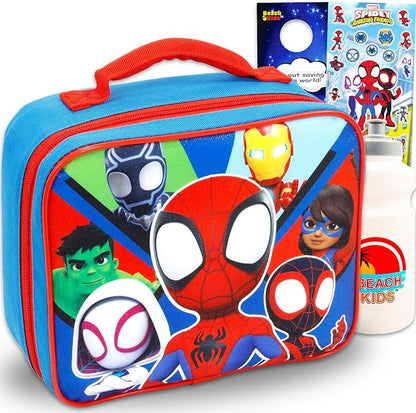 Marvel Spidey and Friends Lunch Box for Kids Set - Bundle with Spiderman Lunch Bag Plus Stickers, Water Bottle, and More | Spidey and Friends Lunchbox for Boys