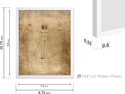 Poster Master Classic Leonardo Da Vinci Poster - Vintage Renaissance Print - Gift for Artist, Friend - Vitruvian Man, Proportion, Symmetry, Human Body - Wall Decor for Office, 8x10 White Framed