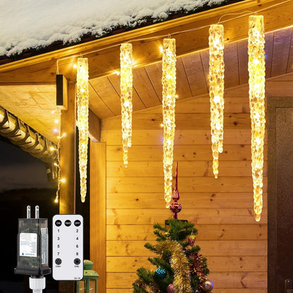 Icicle Lights Outdoor with Remote, 20ft 20 Tubes 100 LED Ice Shape String Lights, Connectable Hanging Christmas Decoration Lights for Tree Patio Roof Holiday Decor, Warm White