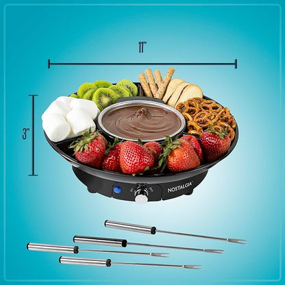 Nostalgia Electric Fondue Party Set for Chocolate and Cheese Fondue – 10 Oz Pot, 4 Roasting Forks, and 3-Section Tray – Temperature Control – Gifts, Parties, Date Night, and Dessert – Black