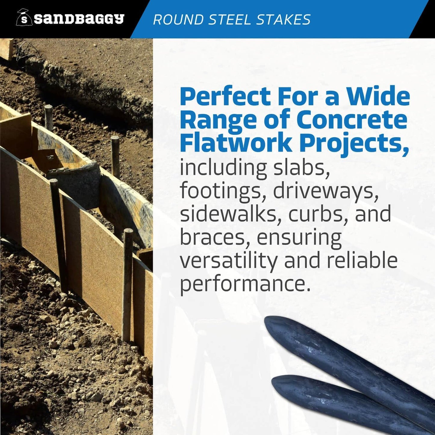 Sandbaggy Round Steel Concrete Form Stakes with Nail Holes - Rust Resistant Coating - Removable, Reusable (20, 3/4 in X 12 in)