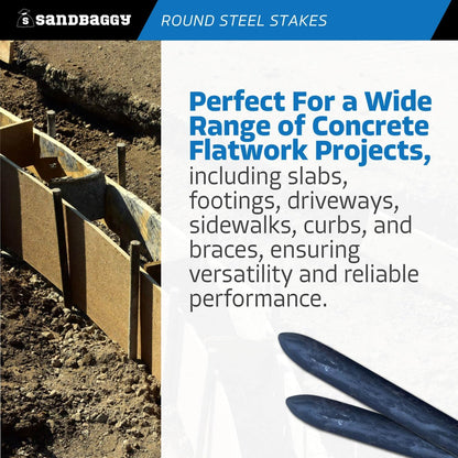 Sandbaggy Round Steel Concrete Form Stakes with Nail Holes - Rust Resistant Coating - Removable, Reusable (20, 3/4 in X 12 in)